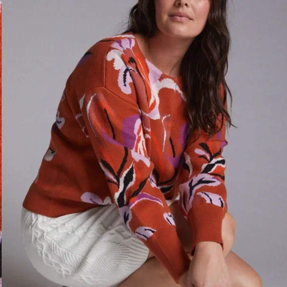 Maeve Boat Neck Orange and White Knit Sweater Size XS - Picture 3 of 11